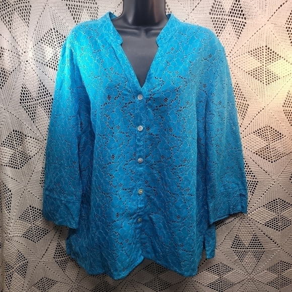 Valerie Stevens Women’s teal Blue Lace Lightweight Button Up Blouse shacket XL - Picture 1 of 12